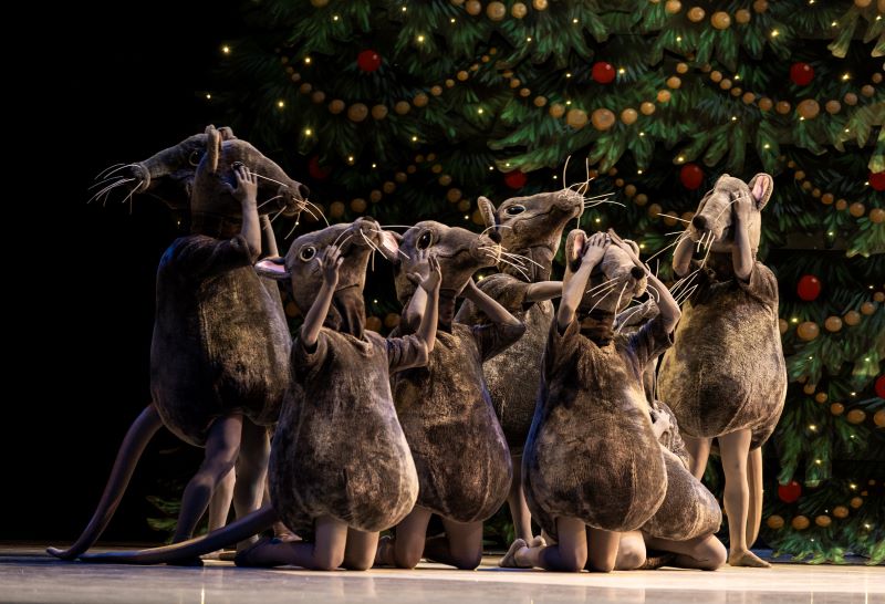 A large group of dancers are wearing cartoonish mouse costumes. At the front of the group, some of the dancers kneel, while behind them, other stand. The mice are in various signs of distress, as they throw their hands in the air or cover their face. The backdrop behind them is a cheery, painted Christmas tree.