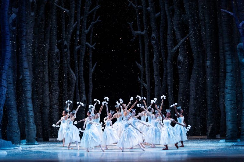 A group of dancers wearing white, sparkly skirts and bodices pose on stage. Each dancer is holding a branch like object with small white balls on the ends. Each dancer gracefully reaches up with one arm, while extending the other to the side. Together, they form a unified clump in the center of the stage. The background behind them is dark, with white trees showing through. Together, these elemnts create a scene of a snowy forest.